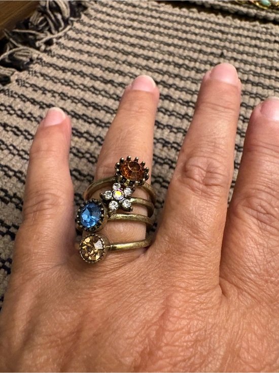 Source Unknown Jewelry - Vintage-Inspired Multi-Stone Stacked Ring with Blue, Amber & Crystal Accents
